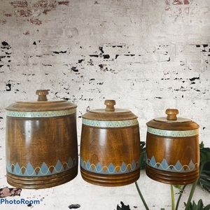 Vintage 1960 Hand Painted Wooden Canister set